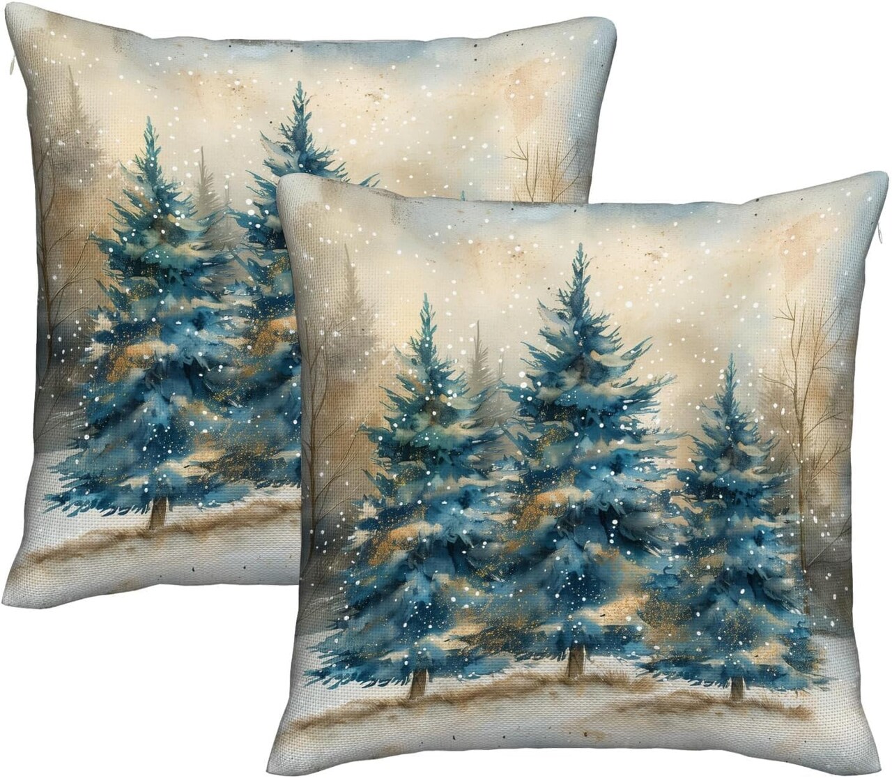 Christmas Pillow Covers 18x18 Inch Set of 2 Decorative Throw Pillows Winter Watercolor Blue Green Tree Soft Christmas Pillow Case for Home Sofa Bedroom Livingroom Decor
